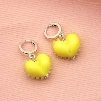 Yellow dotty Glass Heart earrings on silver hoops
