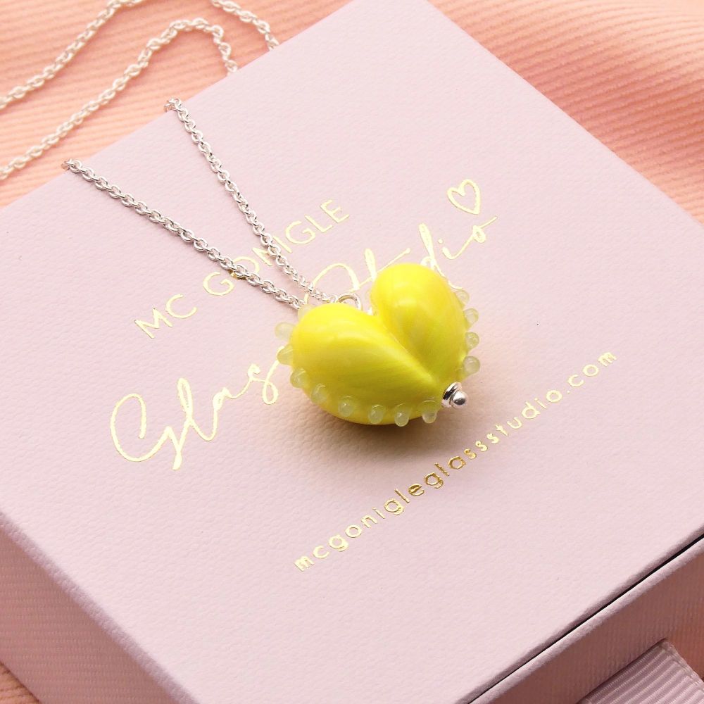 Yellow and turquoise dotty glass Heart Necklace