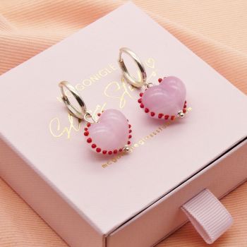 Pink and red dotty Glass Heart earrings on silver hoops