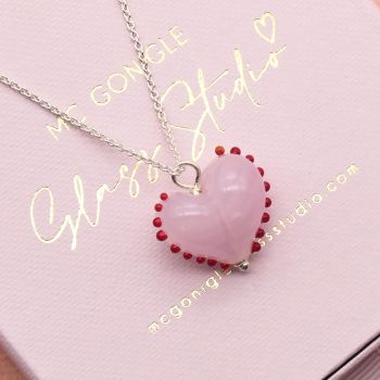 Pink and red dotty glass Heart Necklace