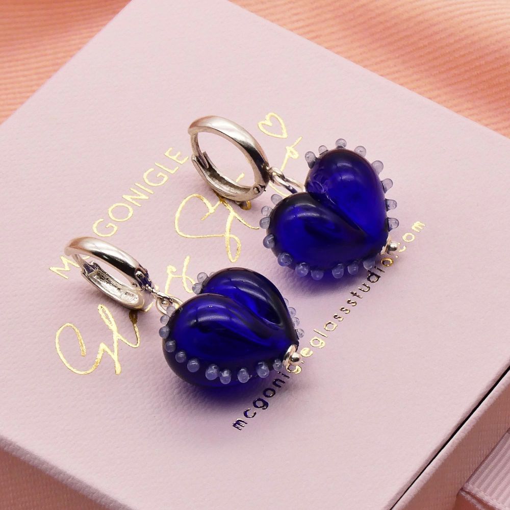 Blue dotty Glass Heart earrings on silver hoops