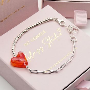 Orange and pink  glass heart on a silver Long link bracelet