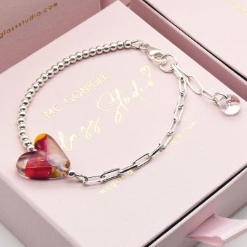 Multicoloured  glass heart on a silver Long link bracelet
