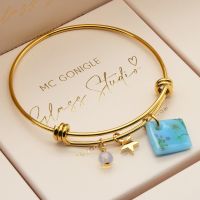 Light Blue Glass Tile  On a 14K Gold Plated Bangle