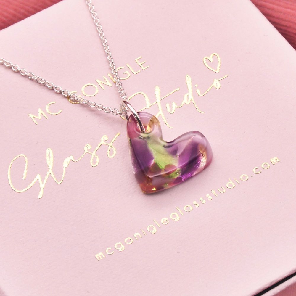 'Iris' glass heart on silver