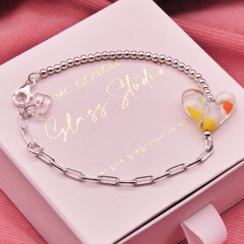 Sherbert glass heart on a silver Long link bracelet