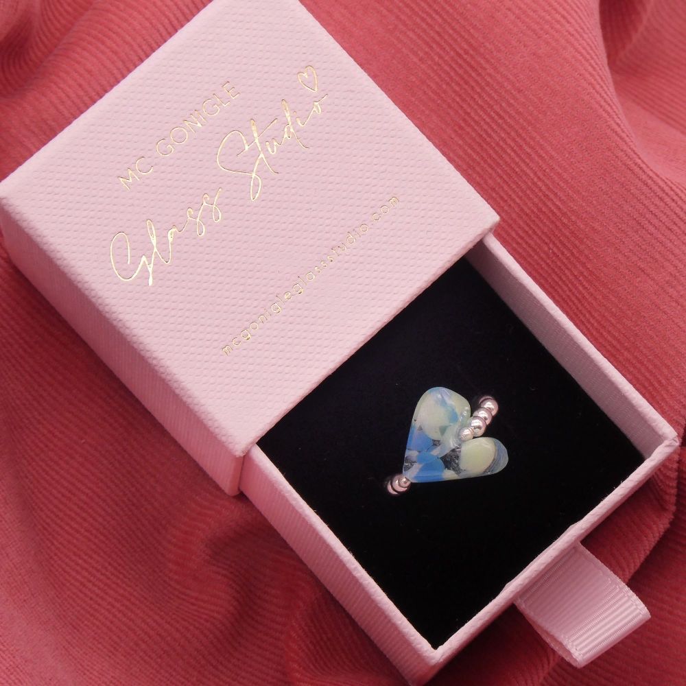'Azure' Glass Heart on a Simply Silver Ring