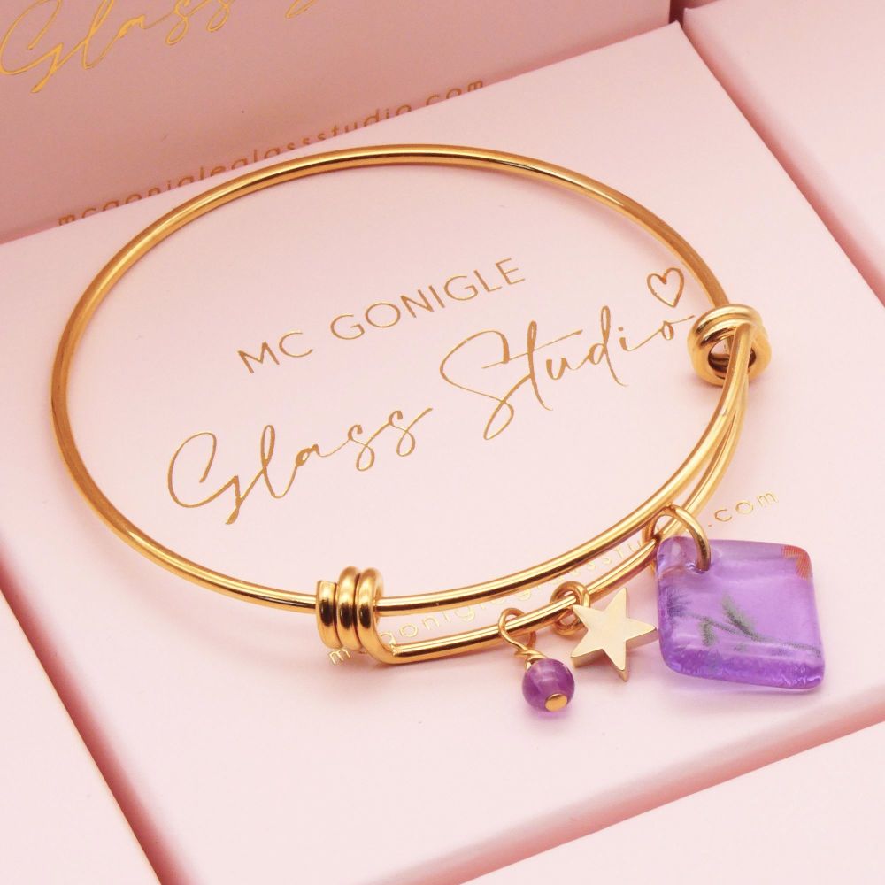 Purple Glass Tile On a 14K Gold Plated Bangle