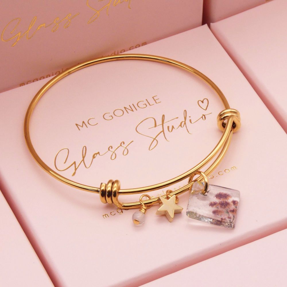 Clear Glass Tile On a 14K Gold Plated Bangle