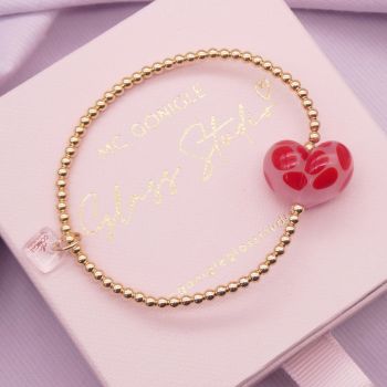 Red and Pink glass heart on a Gold Filled bracelet