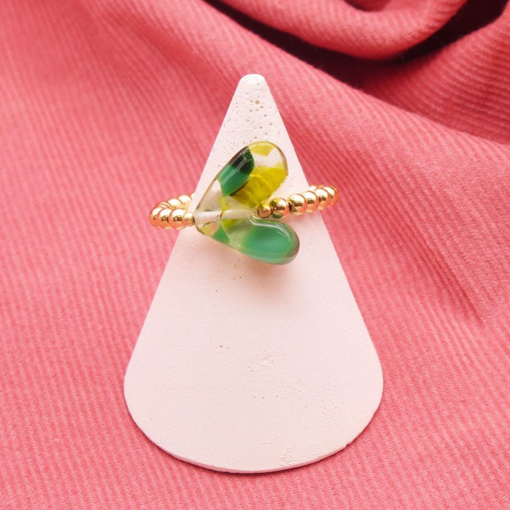 Green Glass Heart Gold Ring - Large