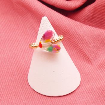 Multicoloured Glass Heart Ring on gold - Large