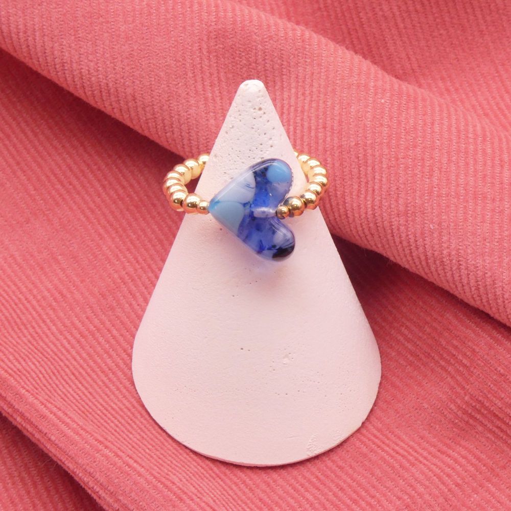 Blue Glass Heart Ring on gold - Medium