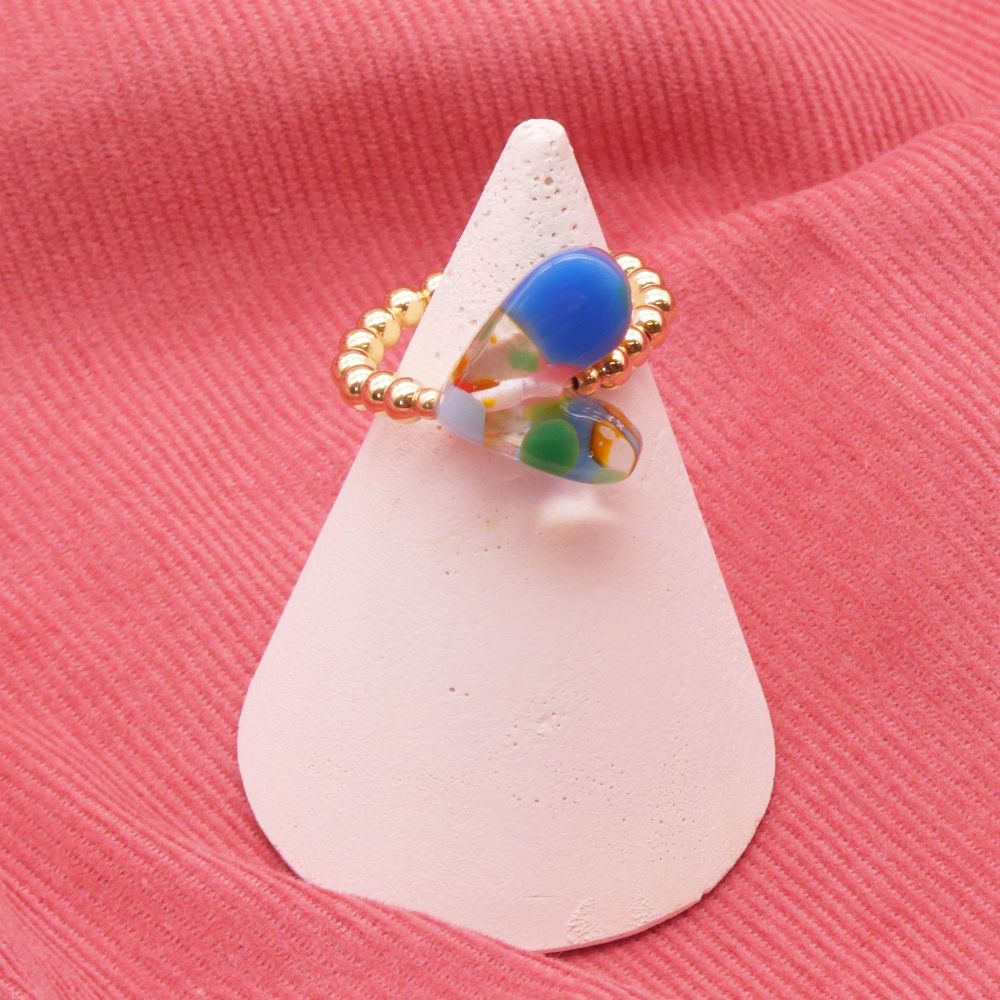 Multicoloured #2 Glass Heart Ring on gold - Small