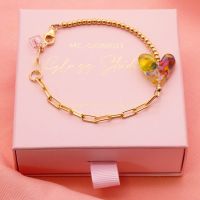 Multicoloured glass heart on a Gold filled Long link bracelet