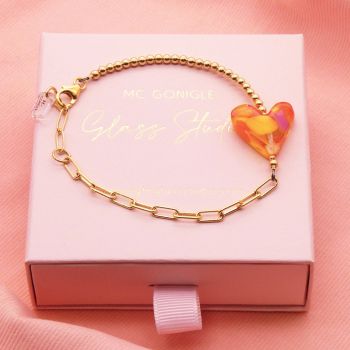 Sunset glass heart on a Gold filled Long link bracelet