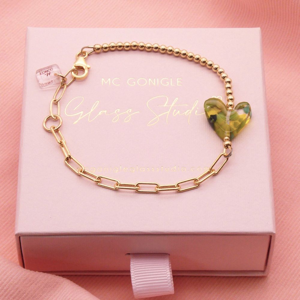 Green glass heart on a Gold filled Long link bracelet