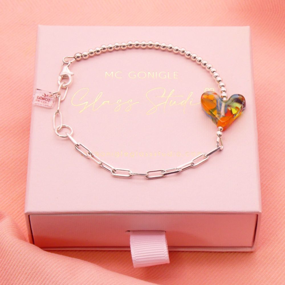 Multicoloured glass heart on a silver Long link bracelet