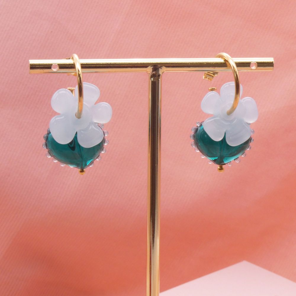 Glass Flowers and hearts on gold filled hoops