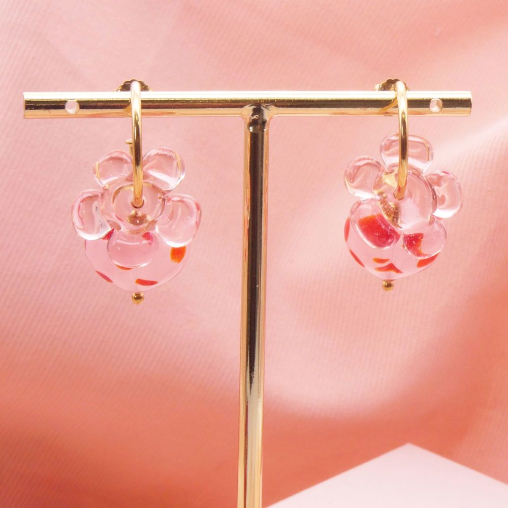 Peachy pink Glass Flowers and hearts on gold filled hoops- can be worn 4 wa