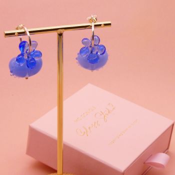 Blue Glass Flowers and hearts on silver hoops- can be worn 4 ways