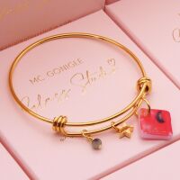 Pink and Red Glass Tile  On a 14K Gold Plated Bangle