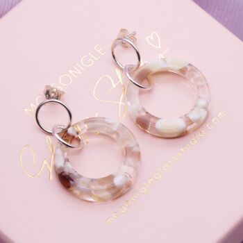 Medium Geo Circle drop earrings- Beige and White