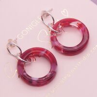 Medium Geo Circle drop earrings- Red and pink