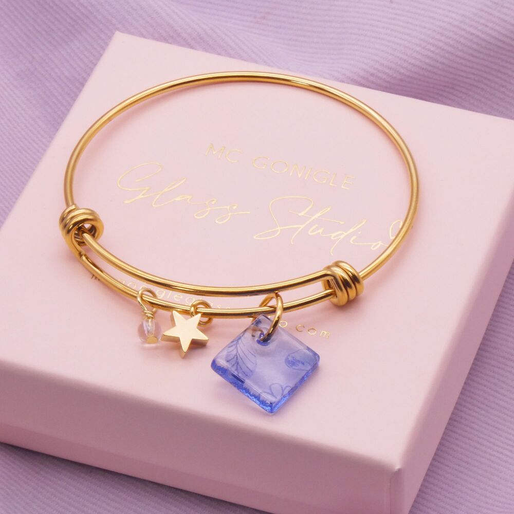Blue Glass Tile  On a 14K Gold Plated Bangle