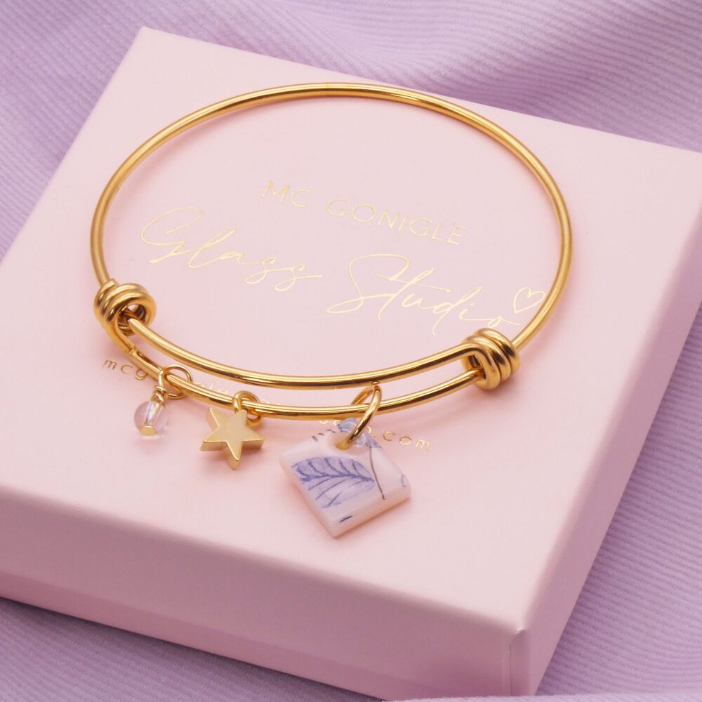 Beige Glass Tile On a 14K Gold Plated Bangle