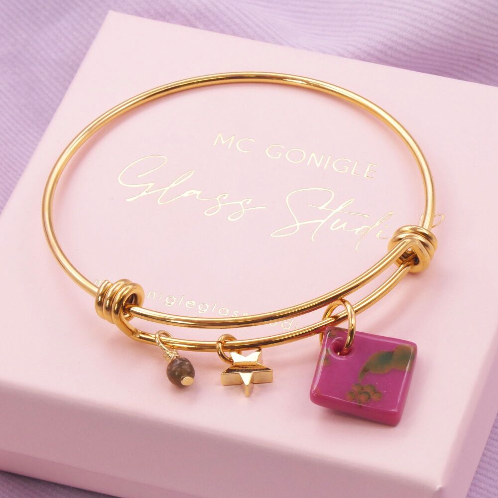 Rose glass Tile On a 14K Gold Plated Bangle