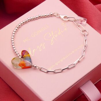 Multicoloured glass heart on a silver Long link bracelet