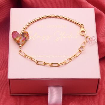 Multicoloured glass heart on a Gold filled Long link bracelet