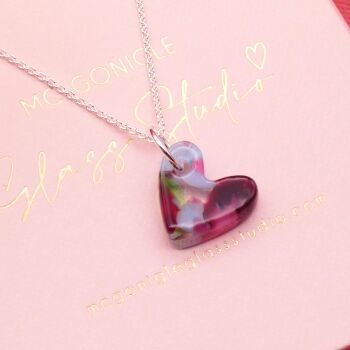 Purple and Blue glass heart necklace on silver or gold filled chain