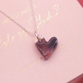 Purple glass heart necklace on silver or gold filled chain