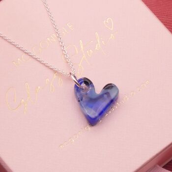 Blue glass heart necklace on silver or gold filled chain #1