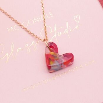 Multicoloured glass heart necklace on a silver or gold filled chain