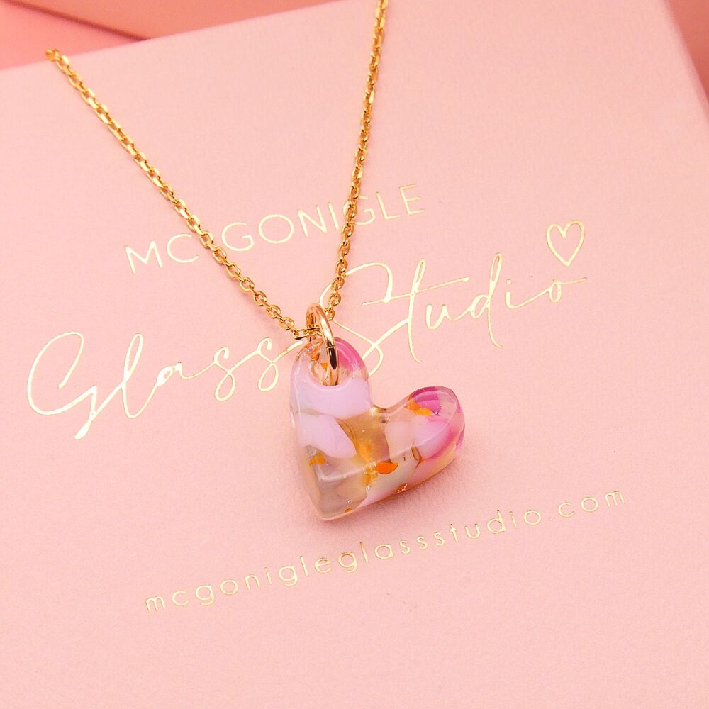 Pastel glass heart on a gold filled chain