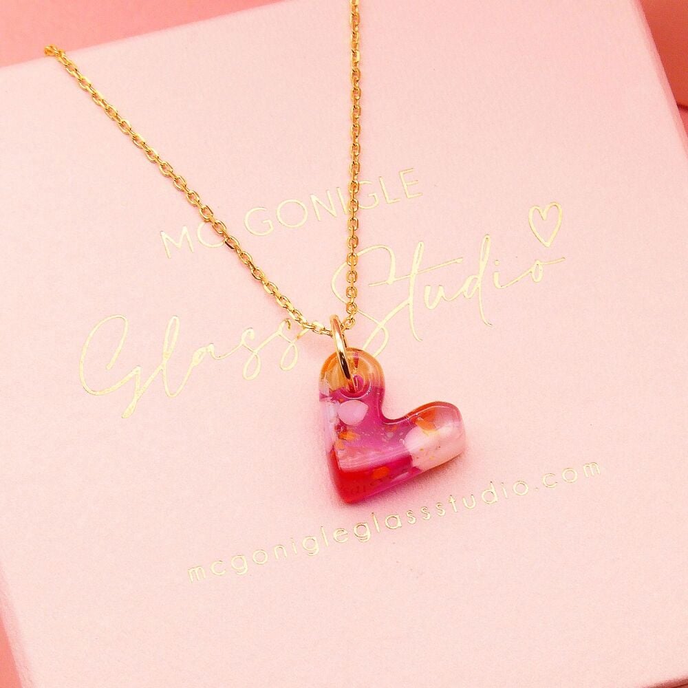 Pop pink glass heart on a gold filled chain