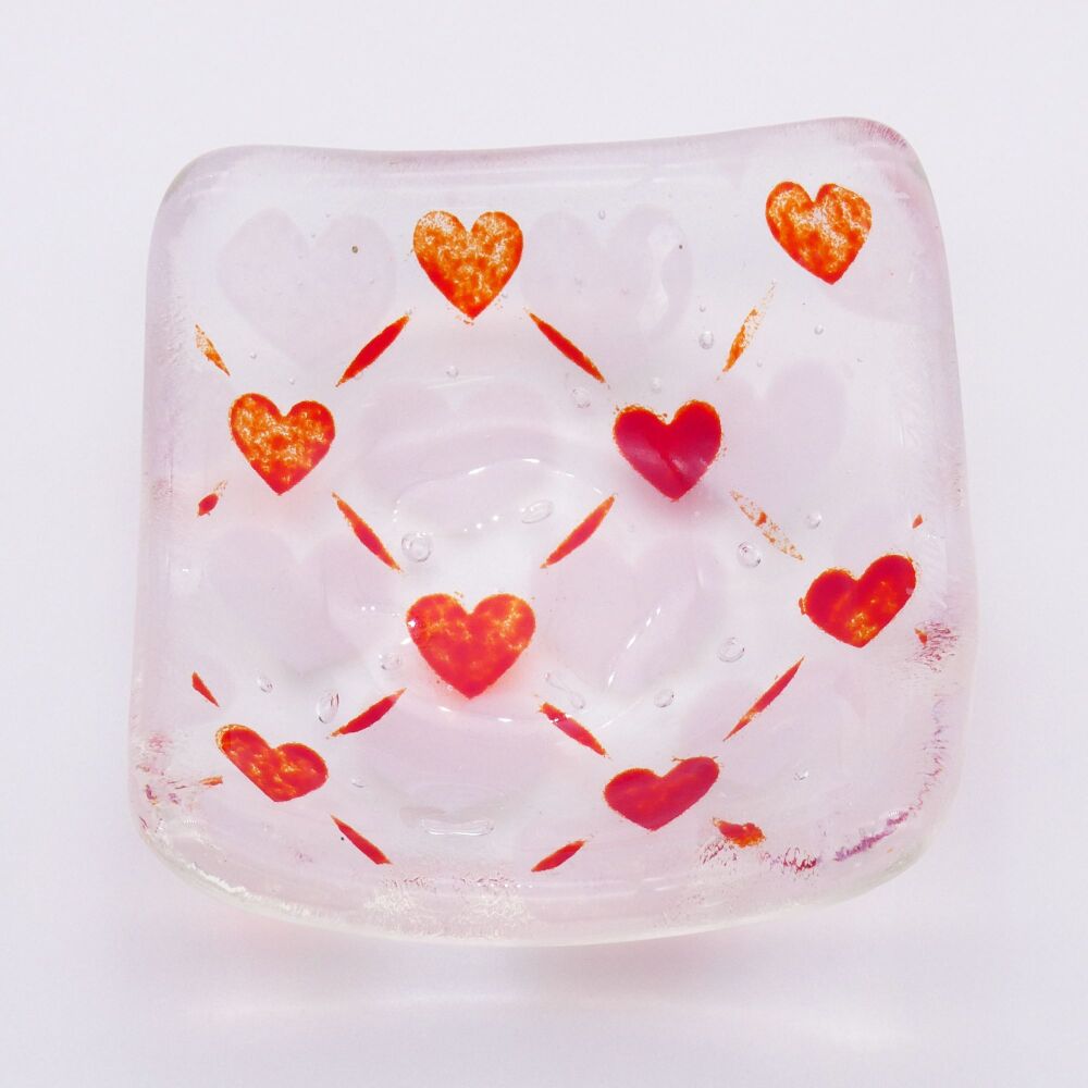 Pink and red hearts Tiny Fused glass bowl