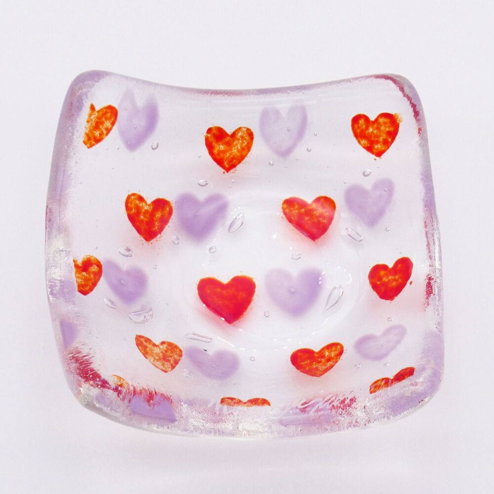 Lilac and red hearts Tiny Fused glass bowl