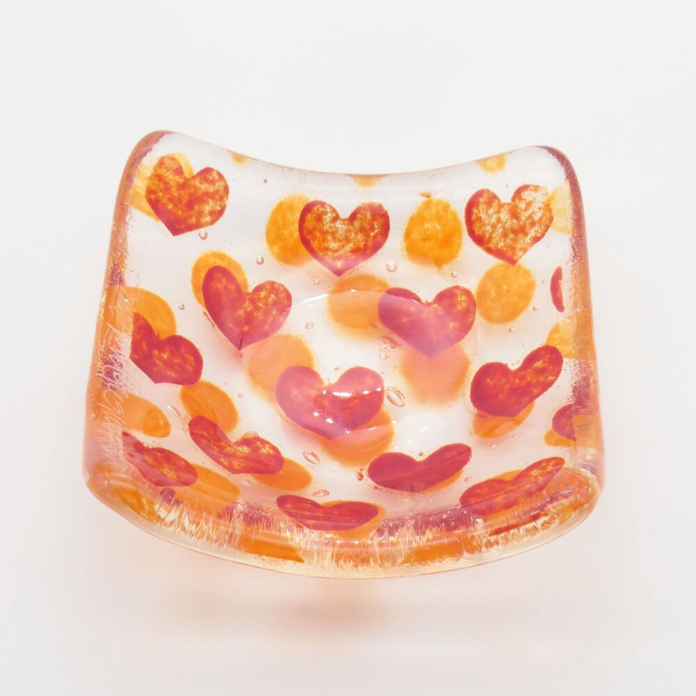 Orange and red hearts Tiny Fused glass bowl