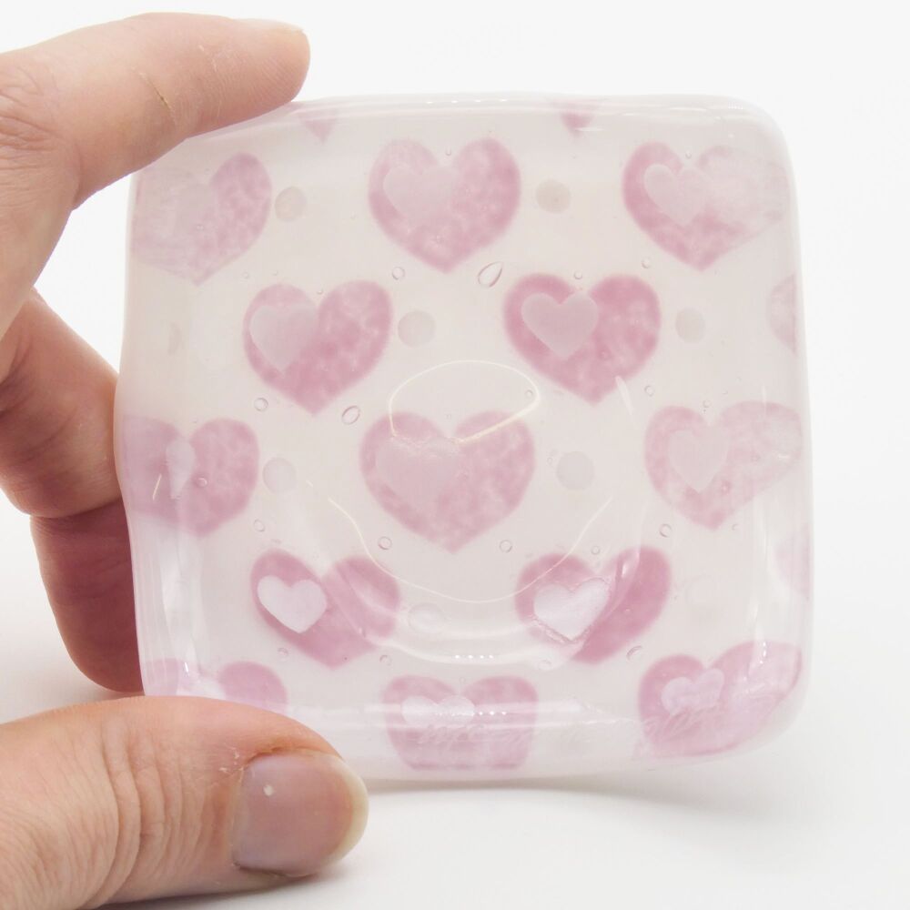 Pink and white hearts Tiny Fused glass bowl