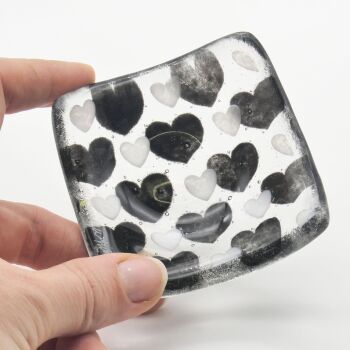 Black and White hearts Tiny Fused glass bowl