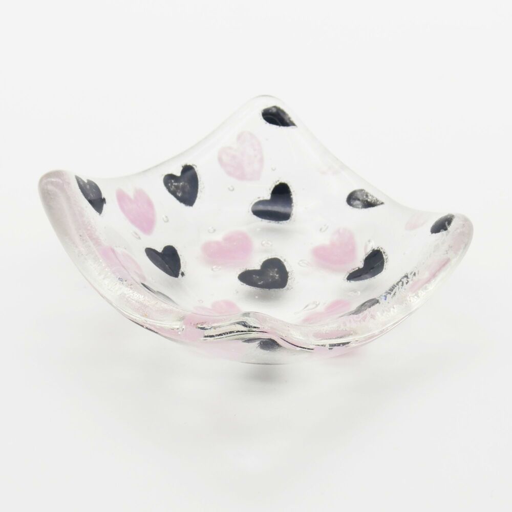 Black and pink hearts Tiny Fused glass bowl