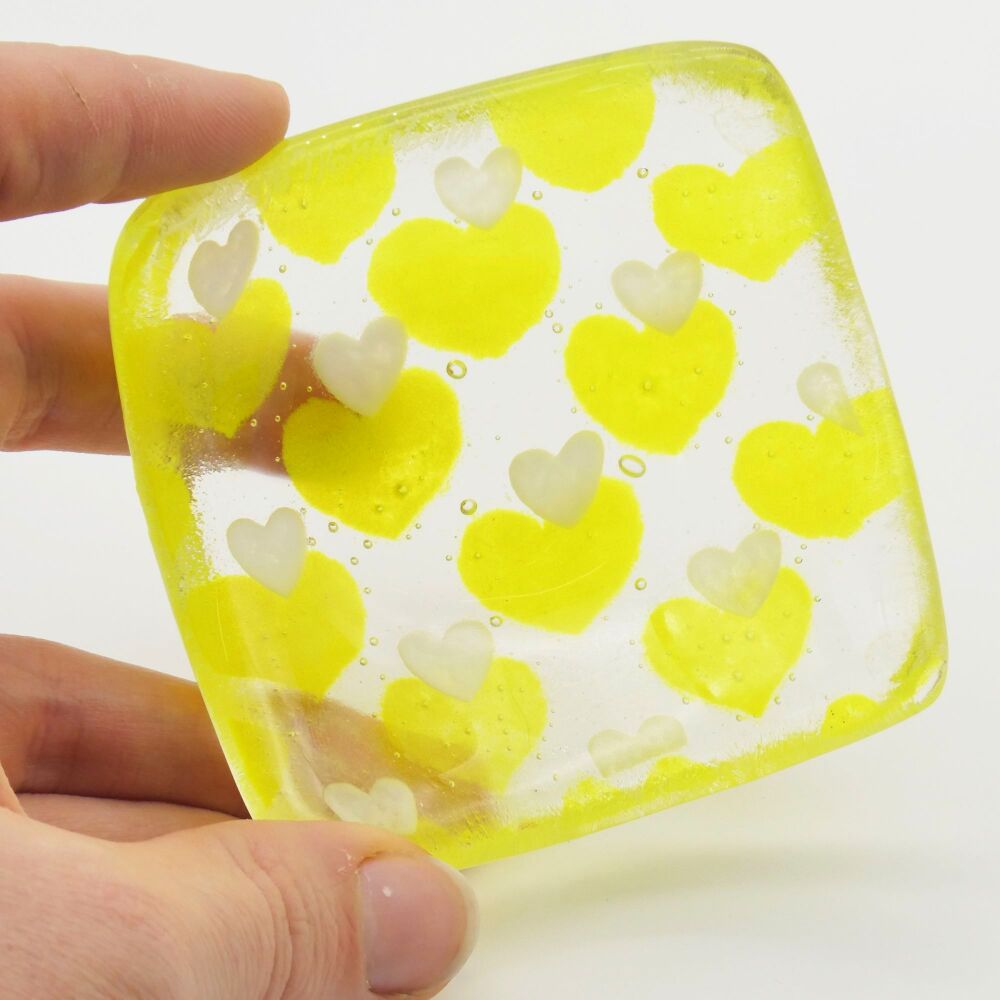 Yellow and white hearts Tiny Fused glass bowl