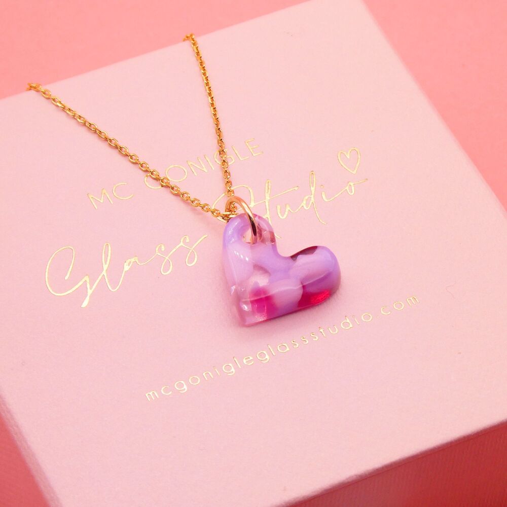 Lilac glass heart on a gold filled chain