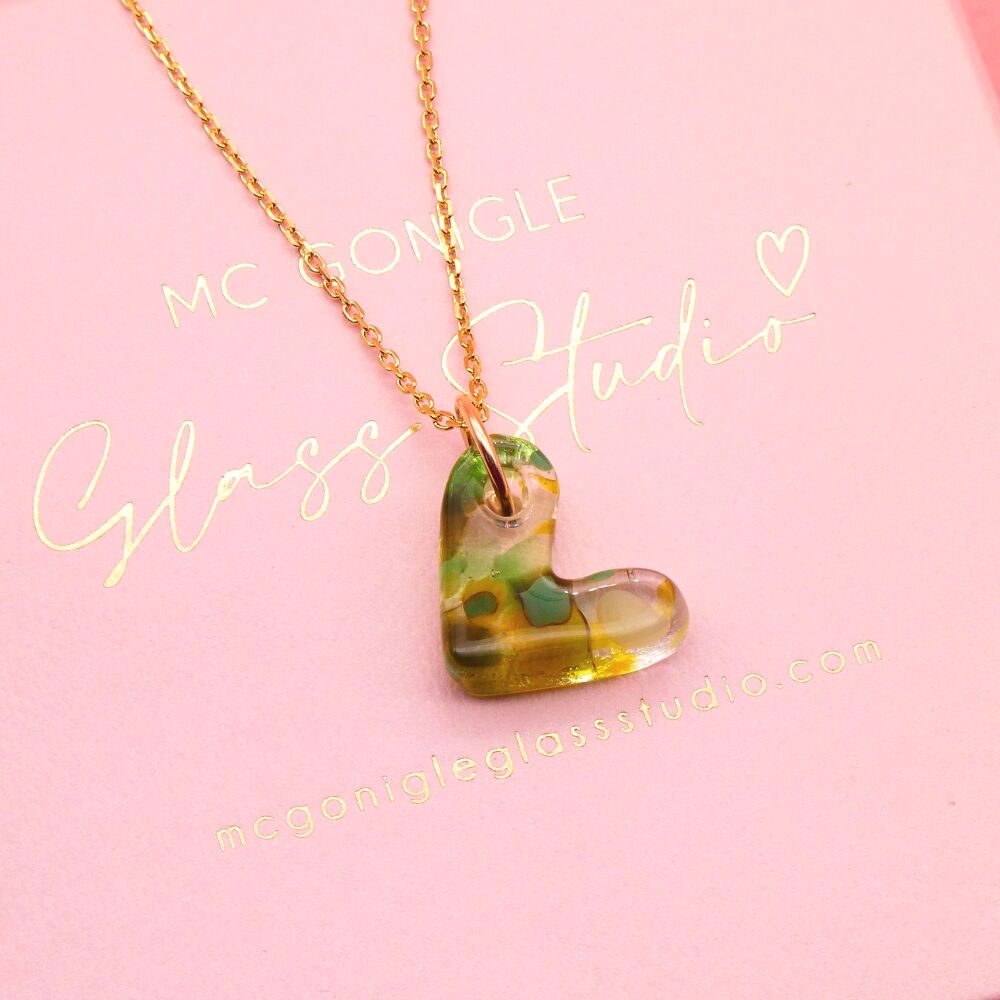 Green glass heart on a gold filled chain
