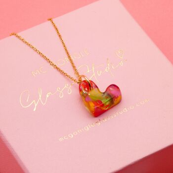 Multicoloured glass heart on a gold filled chain