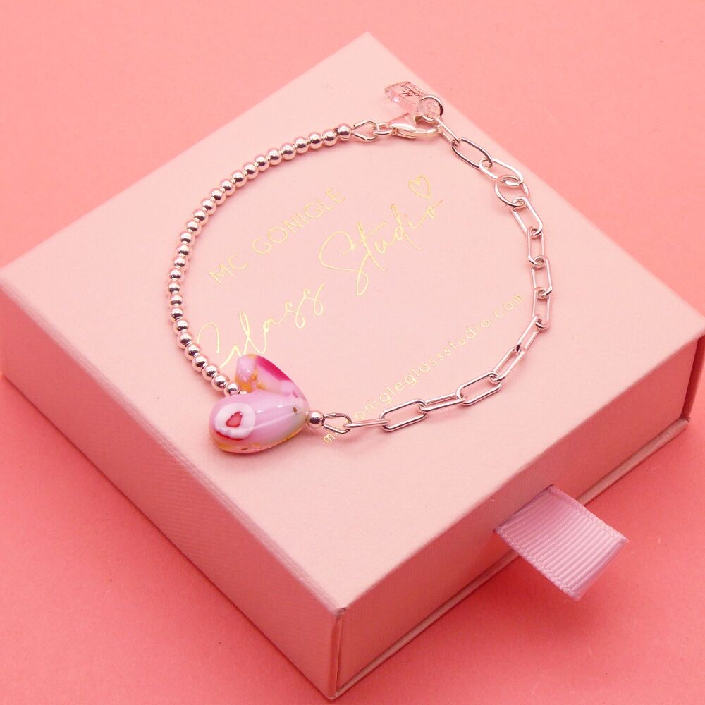 Pink glass heart on a silver Long link bracelet